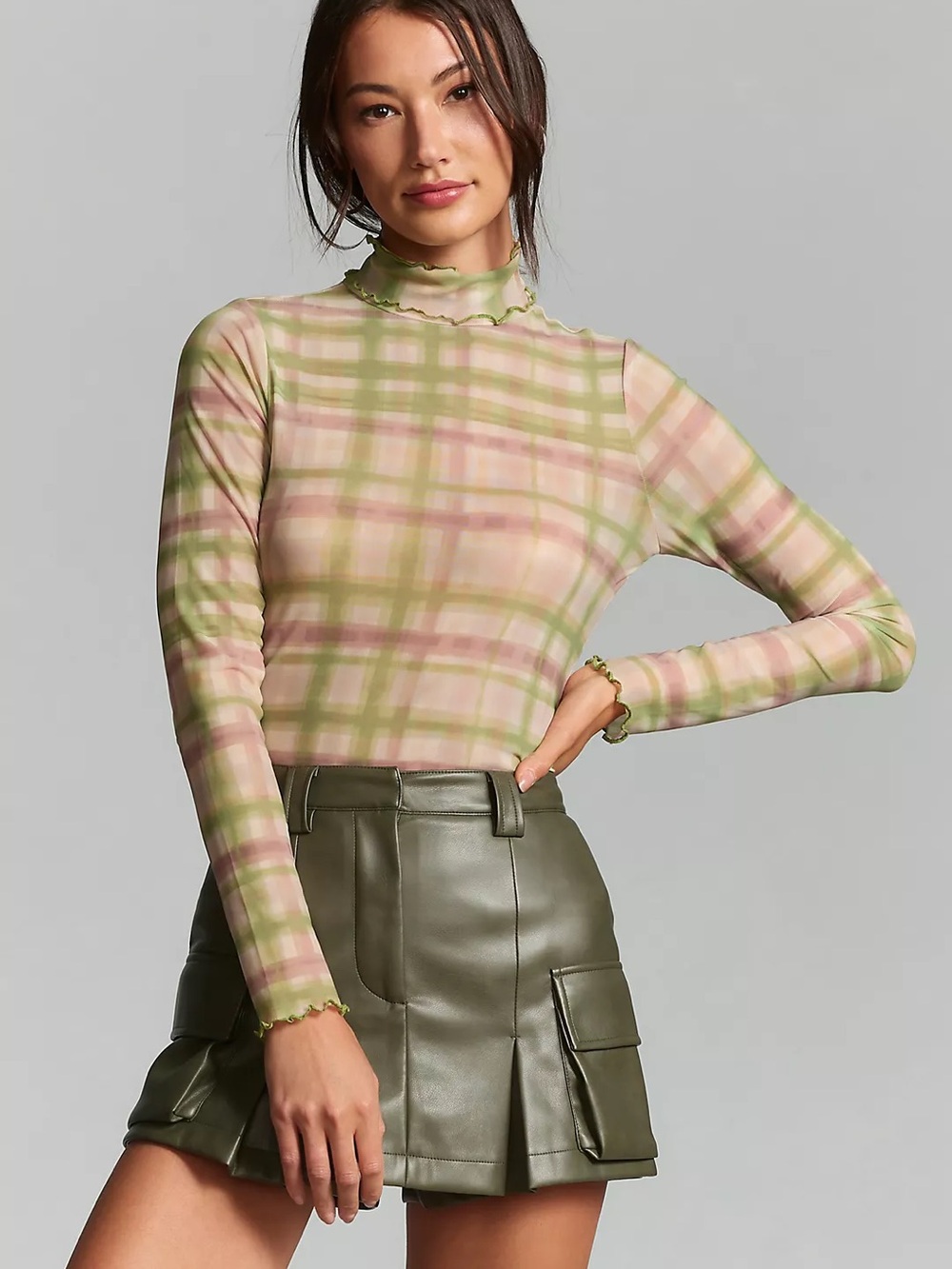 Pilcro Sheer Plaid Mock Neck Long-Sleeve Top — Pink & Olive